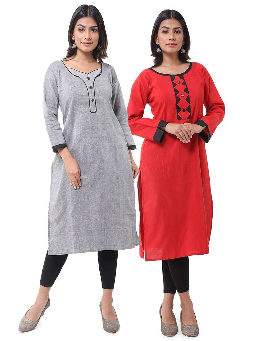 women pack of 2 solid three quarter sleeves straight kurta