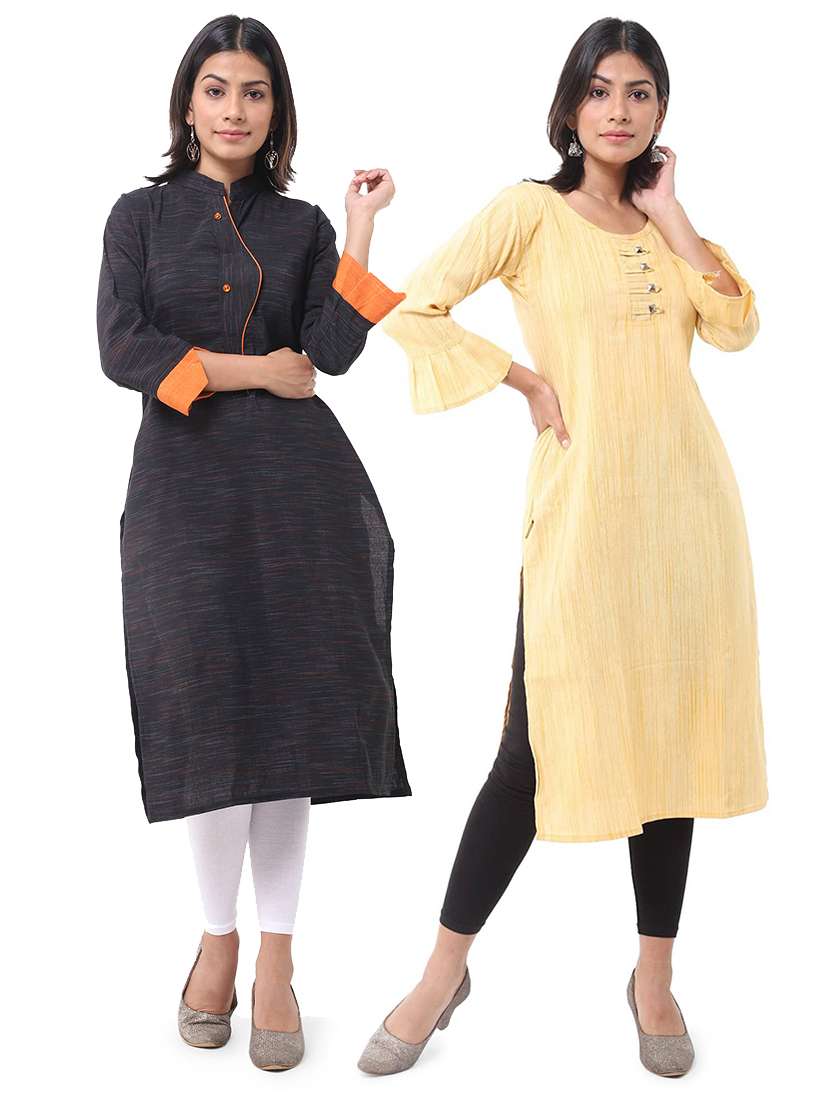 women pack of 2 self design three quarter sleeves straight kurta