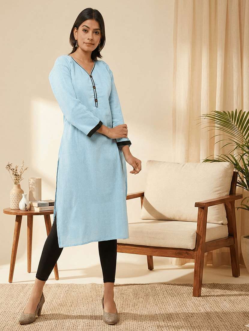 women solid three quarter sleeves straight kurta