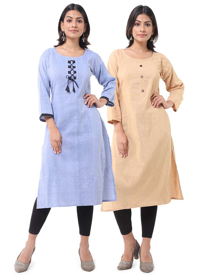 women pack of 2 solid three quarter sleeves straight kurta