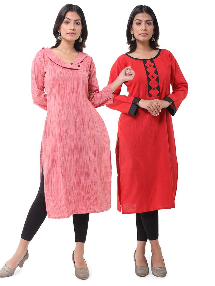 women pack of 2 solid three quarter sleeves straight kurta
