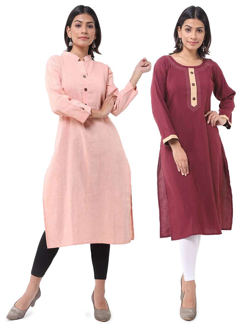 women pack of 2 solid three quarter sleeves straight kurta
