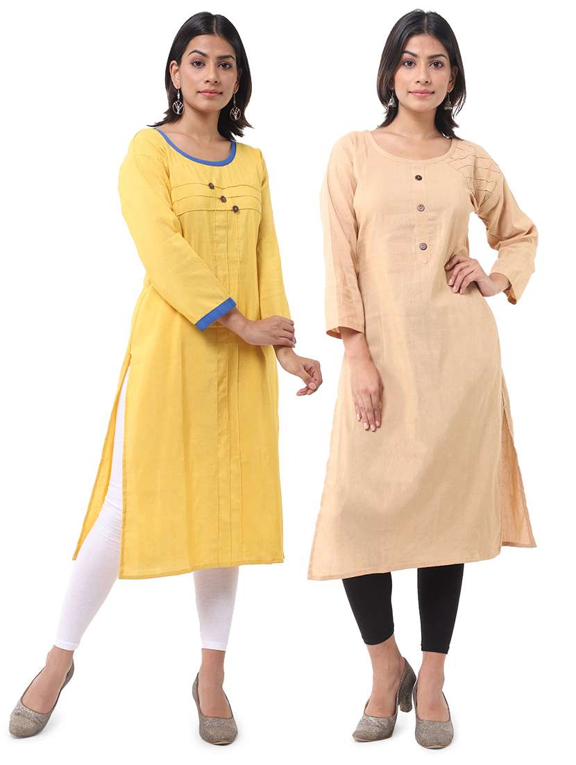 women pack of 2 solid three quarter sleeves straight kurta
