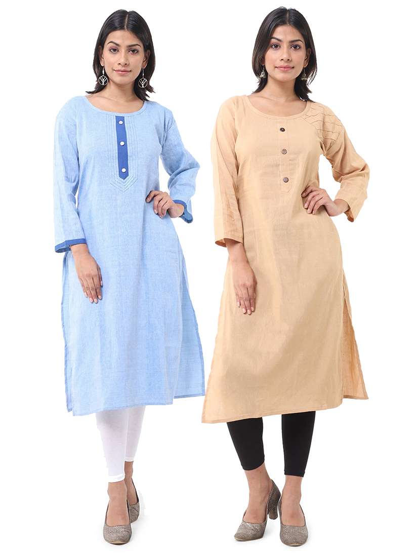 women pack of 2 solid three quarter sleeves straight kurta