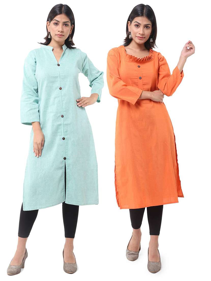 women pack of 2 solid three quarter sleeves straight kurta