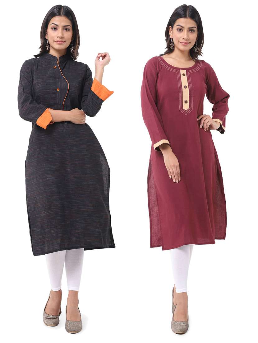 women pack of 2 solid three quarter sleeves straight kurta