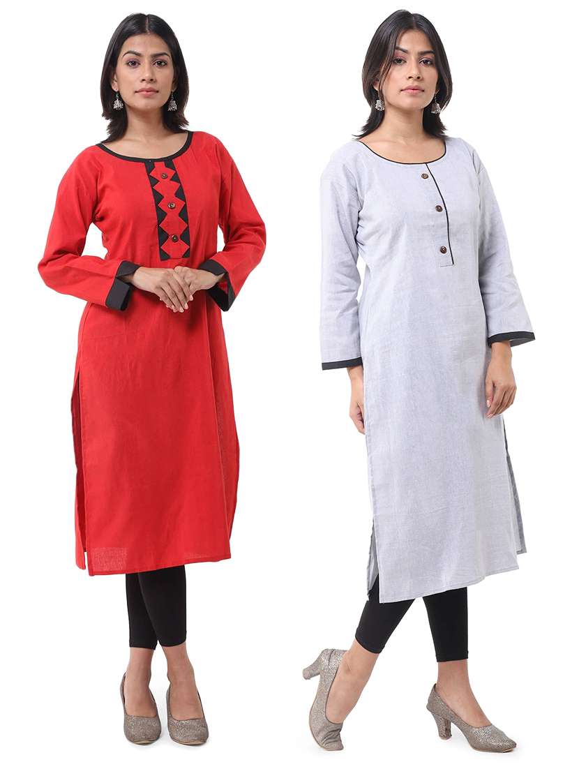 women pack of 2 solid long sleeves straight kurta