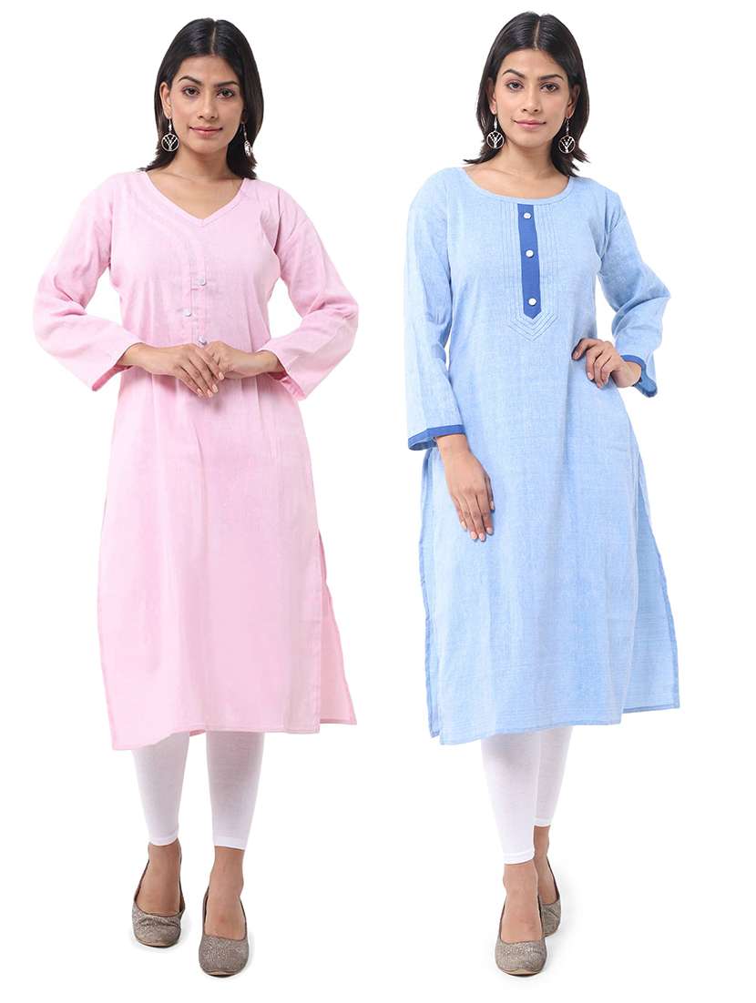 women pack of 2 solid three quarter sleeves straight kurta