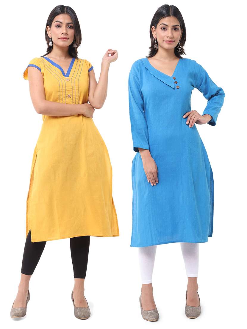 women pack of 2 solid three quarter sleeves straight kurta