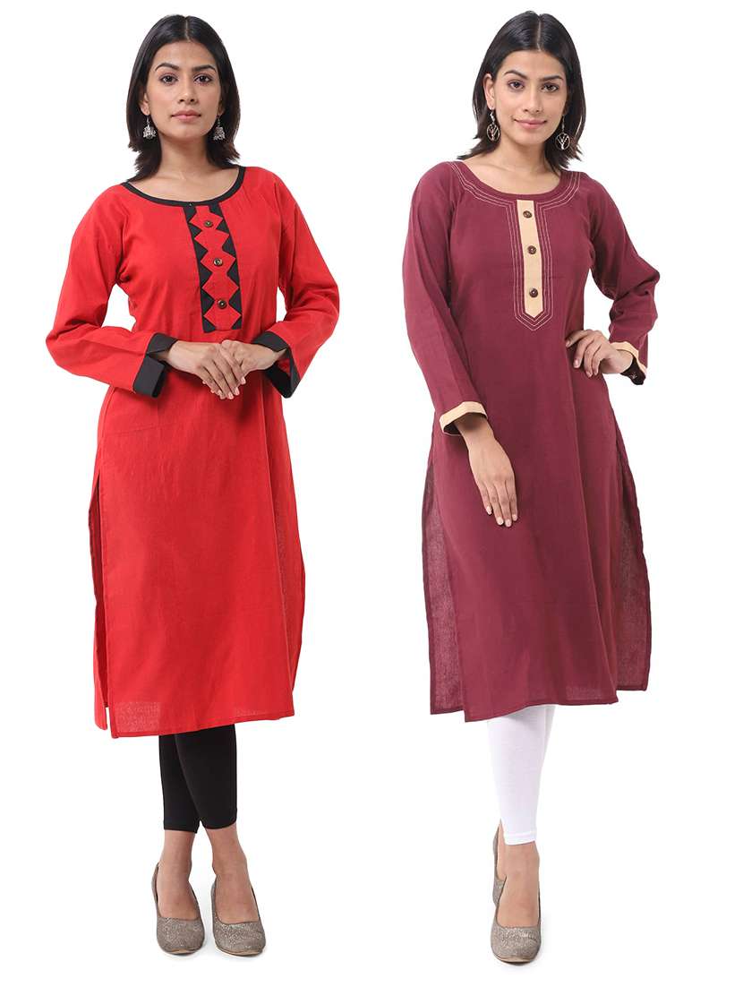 women pack of 2 solid long sleeves straight kurta