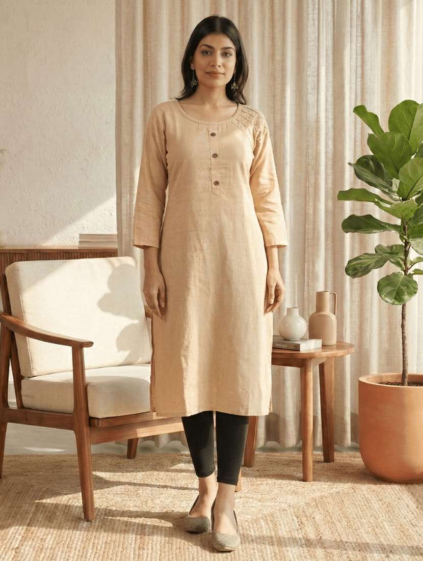 women solid three quarter sleeves straight kurta