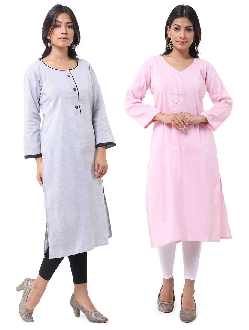 women pack of 2 solid three quarter sleeves straight kurta