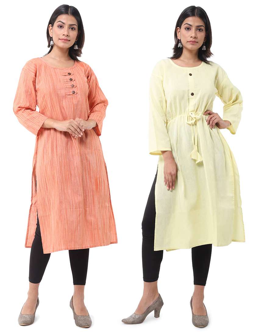 women pack of 2 solid three quarter sleeves straight kurta
