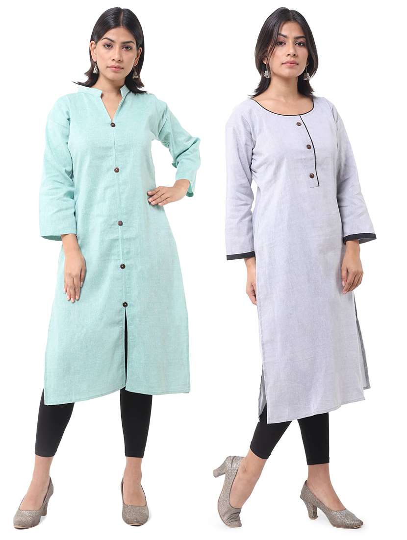 women pack of 2 solid three quarter sleeves straight kurta