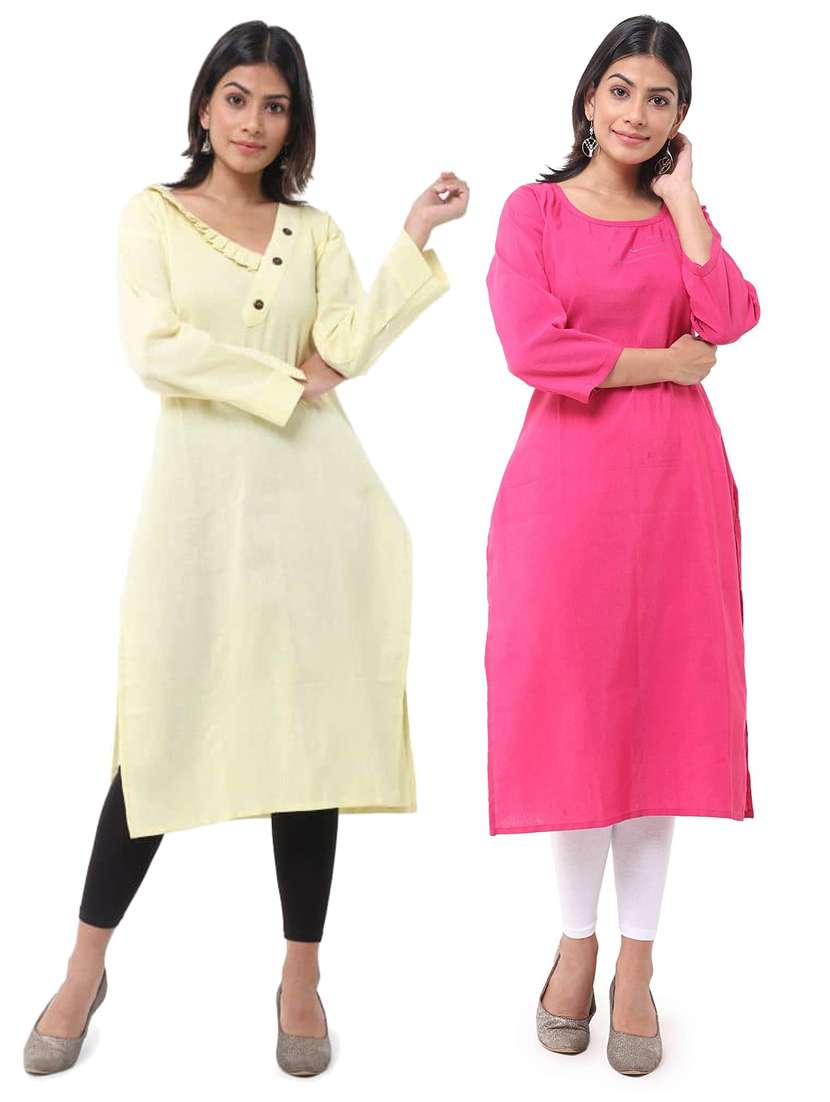 women pack of 2 solid three quarter sleeves straight kurta