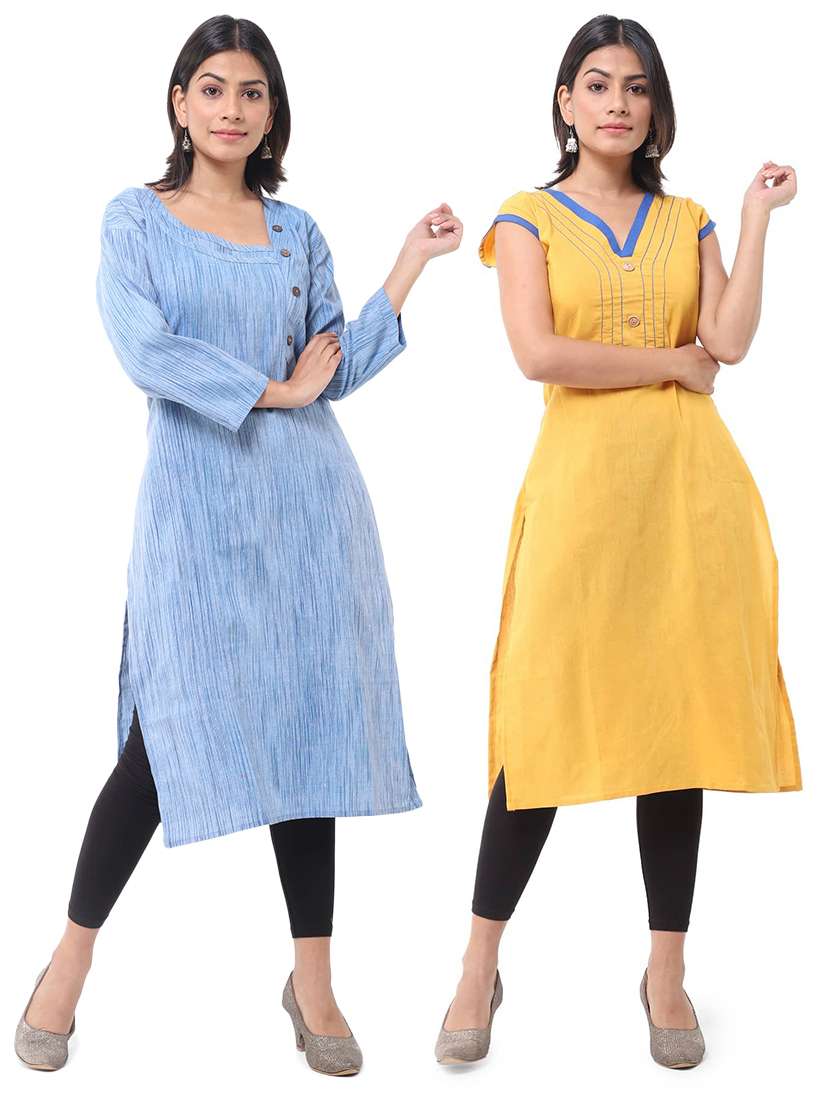 women pack of 2 solid three quarter sleeves straight kurta
