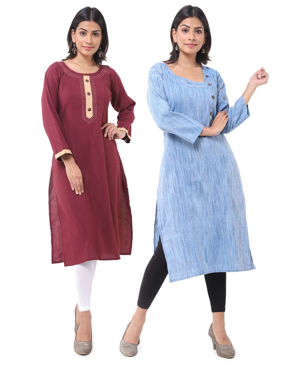 women pack of 2 solid three quarter sleeves straight kurta