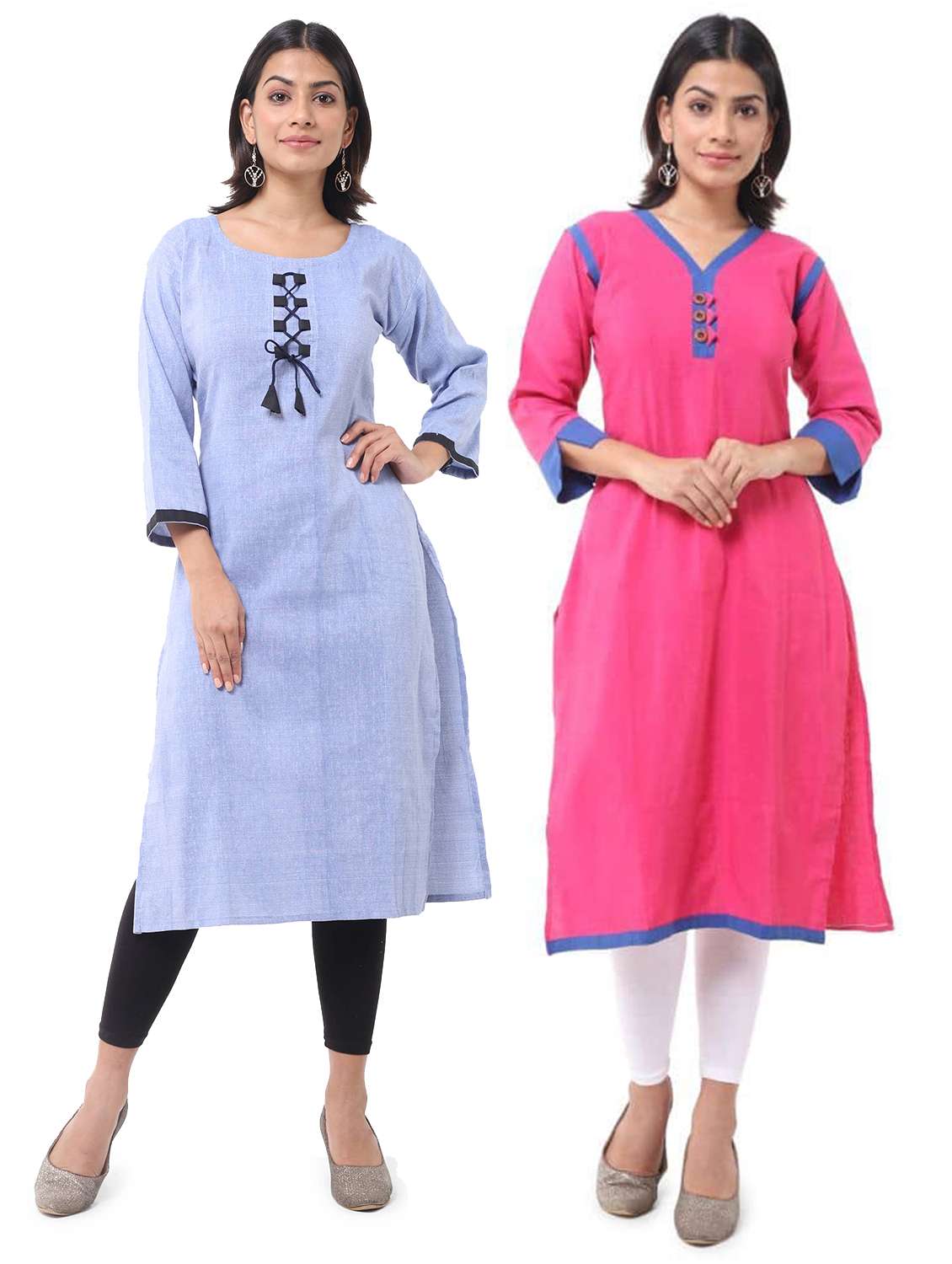 women pack of 2 solid three quarter sleeves straight kurta