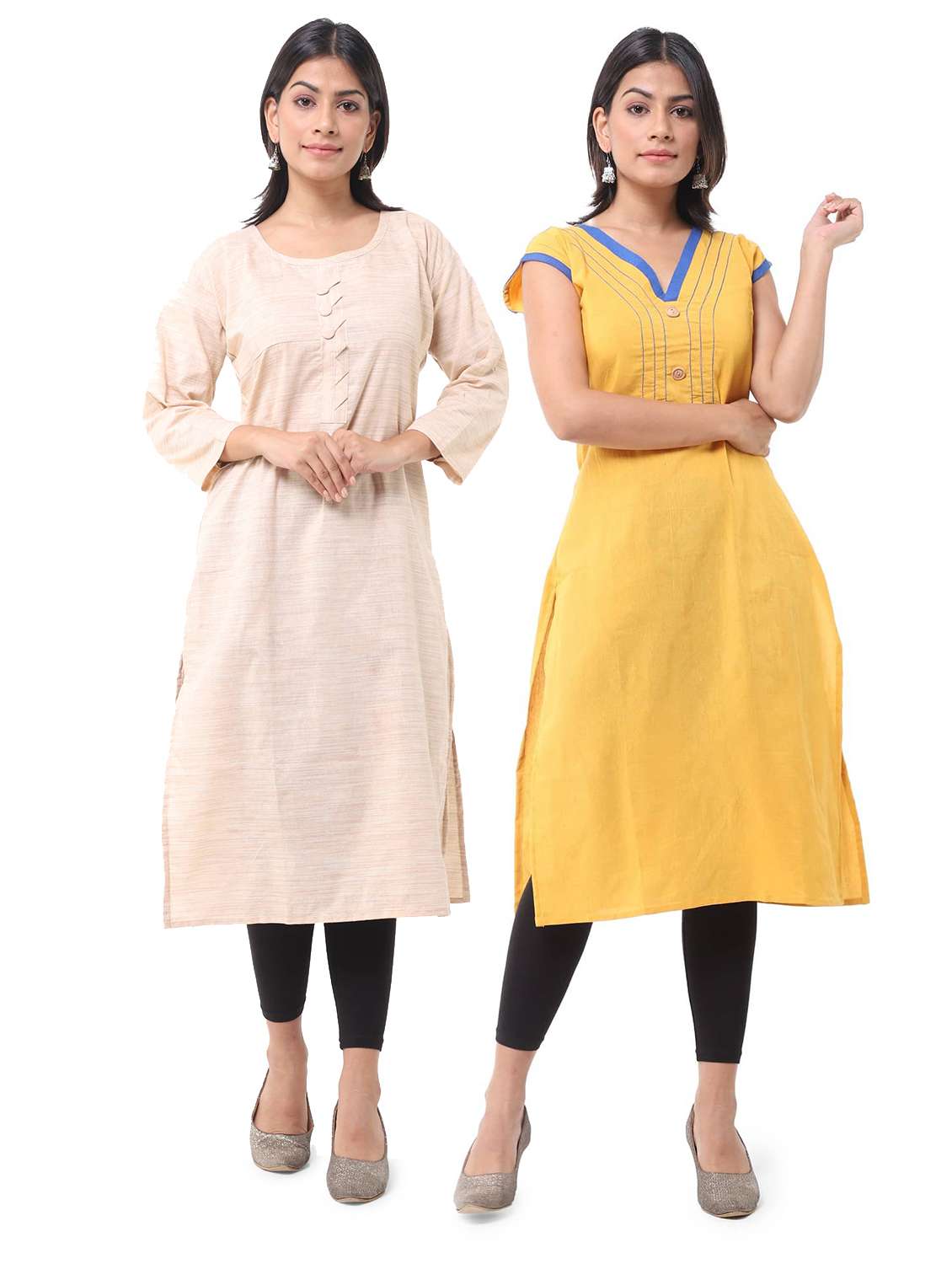 women pack of 2 solid three quarter sleeves straight kurta