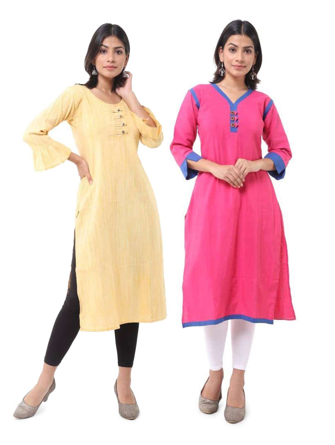 women pack of 2 solid three quarter sleeves straight kurta
