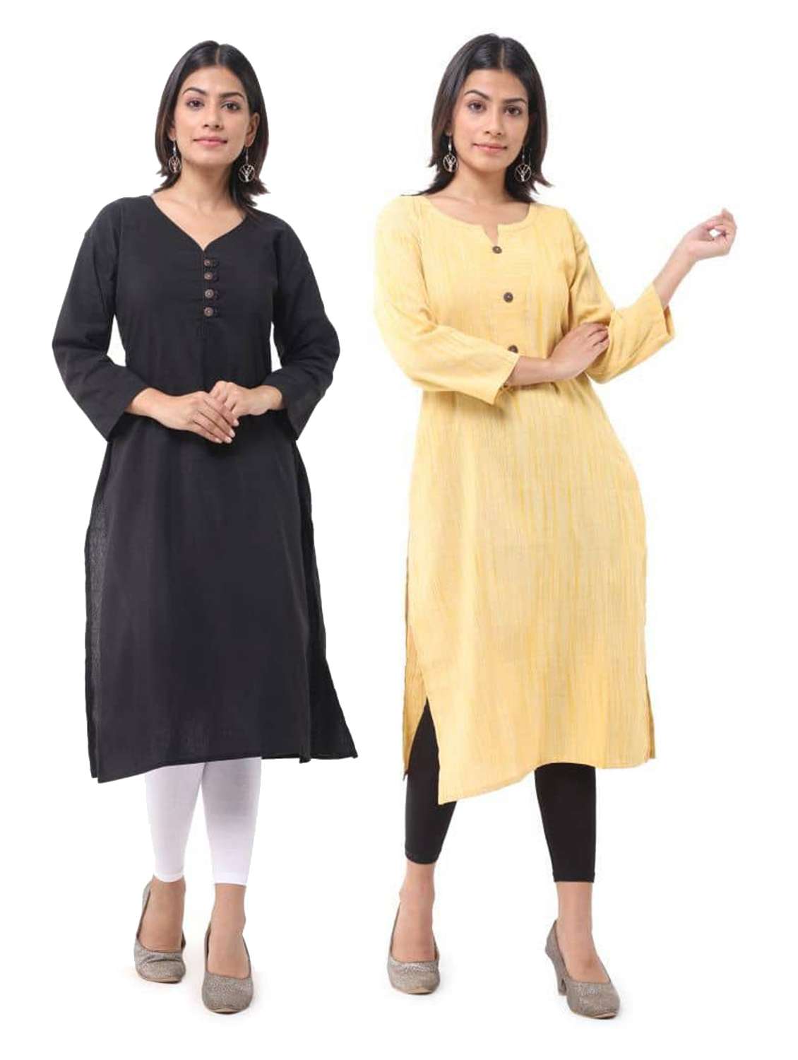 women pack of 2 solid three quarter sleeves straight kurta