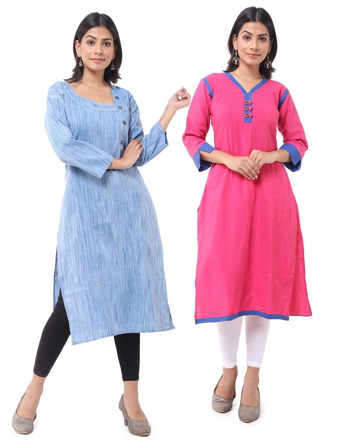 women pack of 2 solid three quarter sleeves straight kurta
