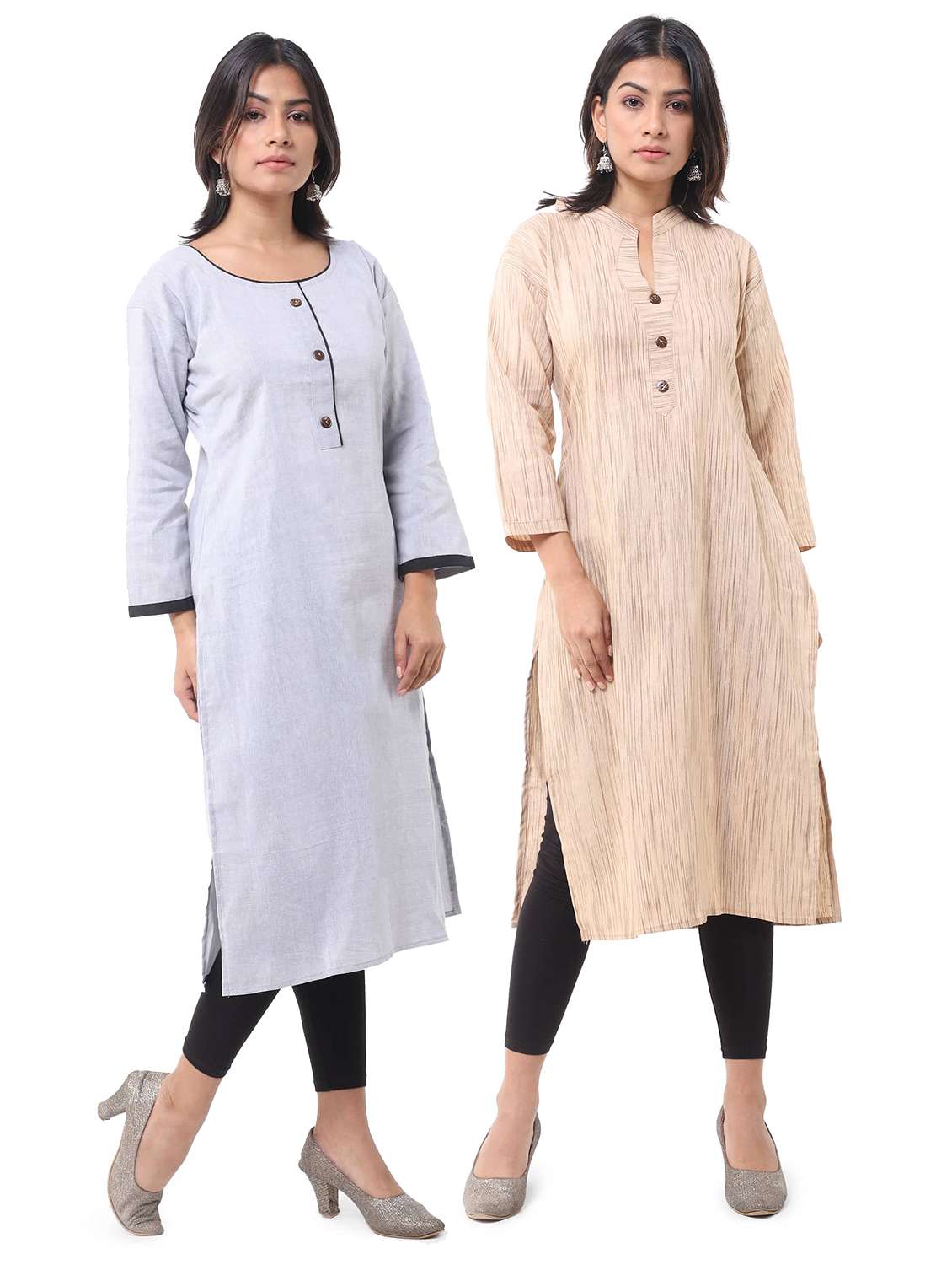 women pack of 2 solid three quarter sleeves straight kurta