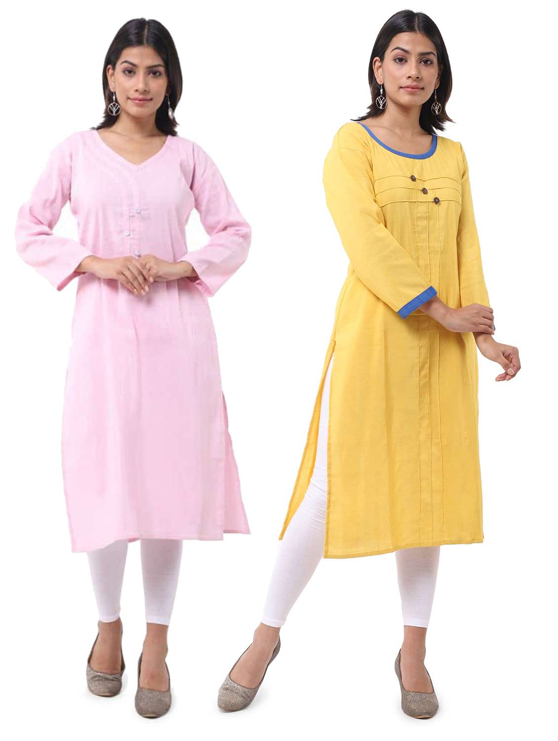 women pack of 2 solid three quarter sleeves straight kurta