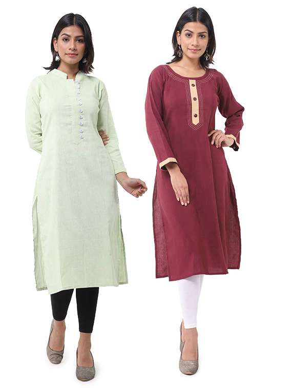 women pack of 2 solid three quarter sleeves straight kurta