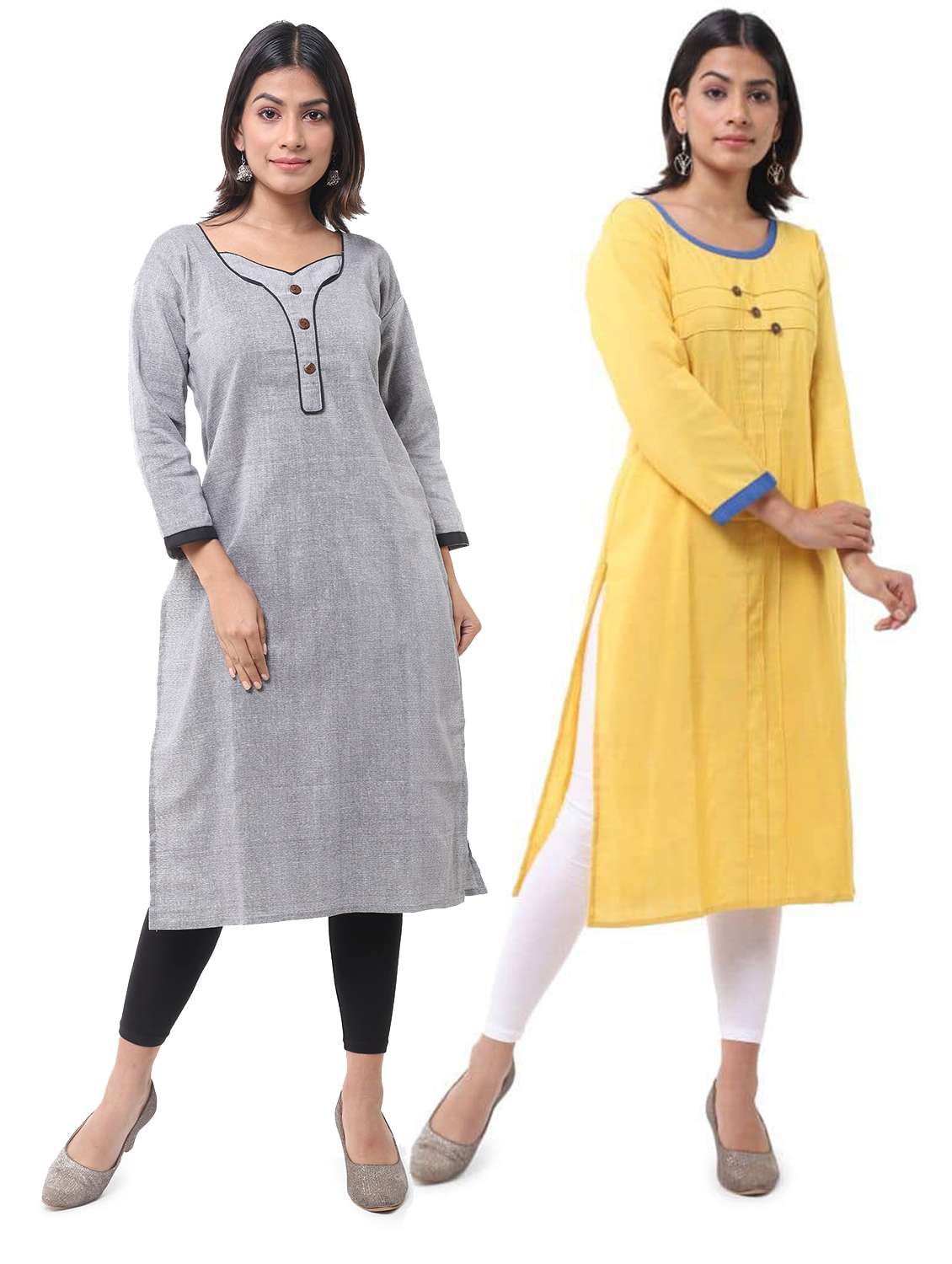 women pack of 2 solid three quarter sleeves straight kurta