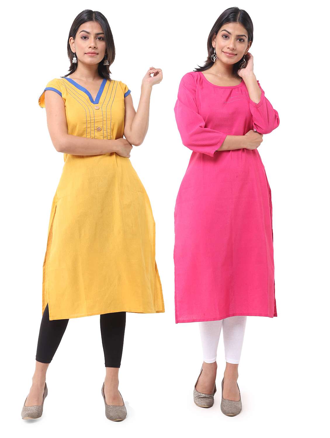women pack of 2 solid three quarter sleeves straight kurta
