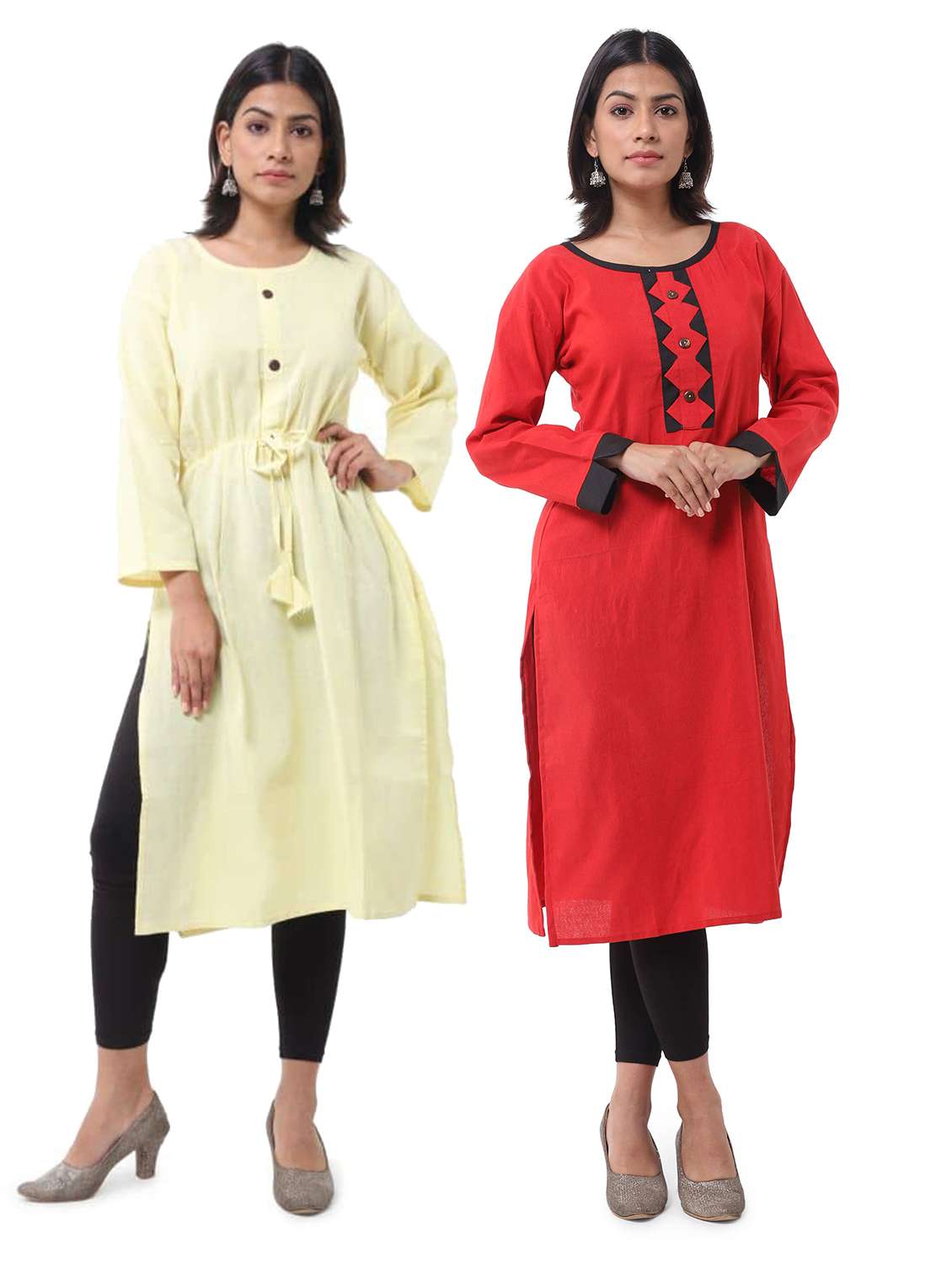 women pack of 2 solid three quarter sleeves straight kurta