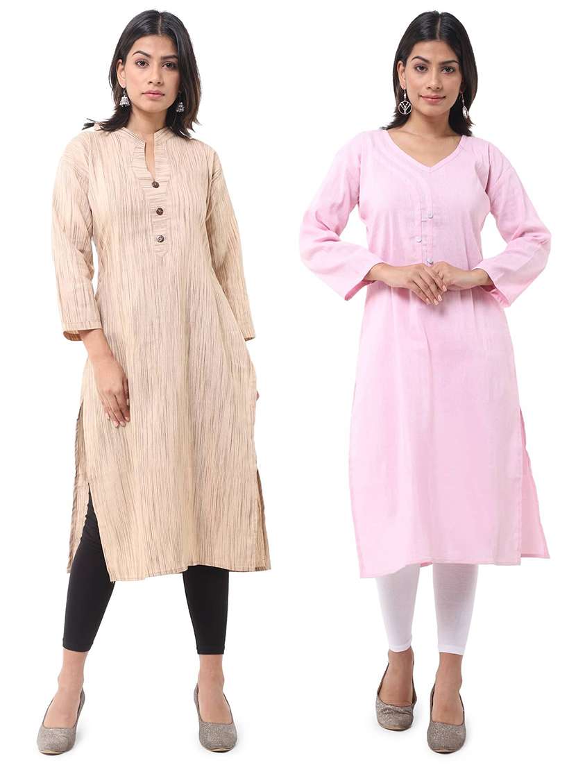 women pack of 2 solid three quarter sleeves straight kurta