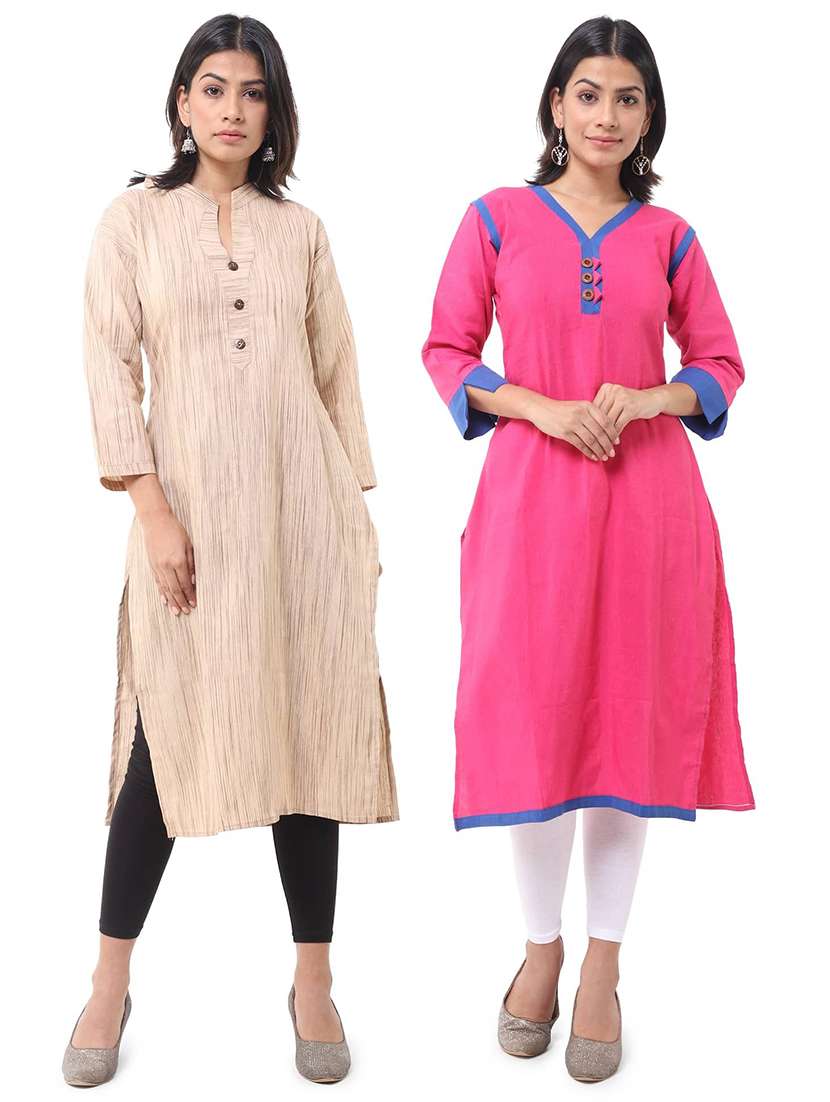 women pack of 2 solid three quarter sleeves straight kurta