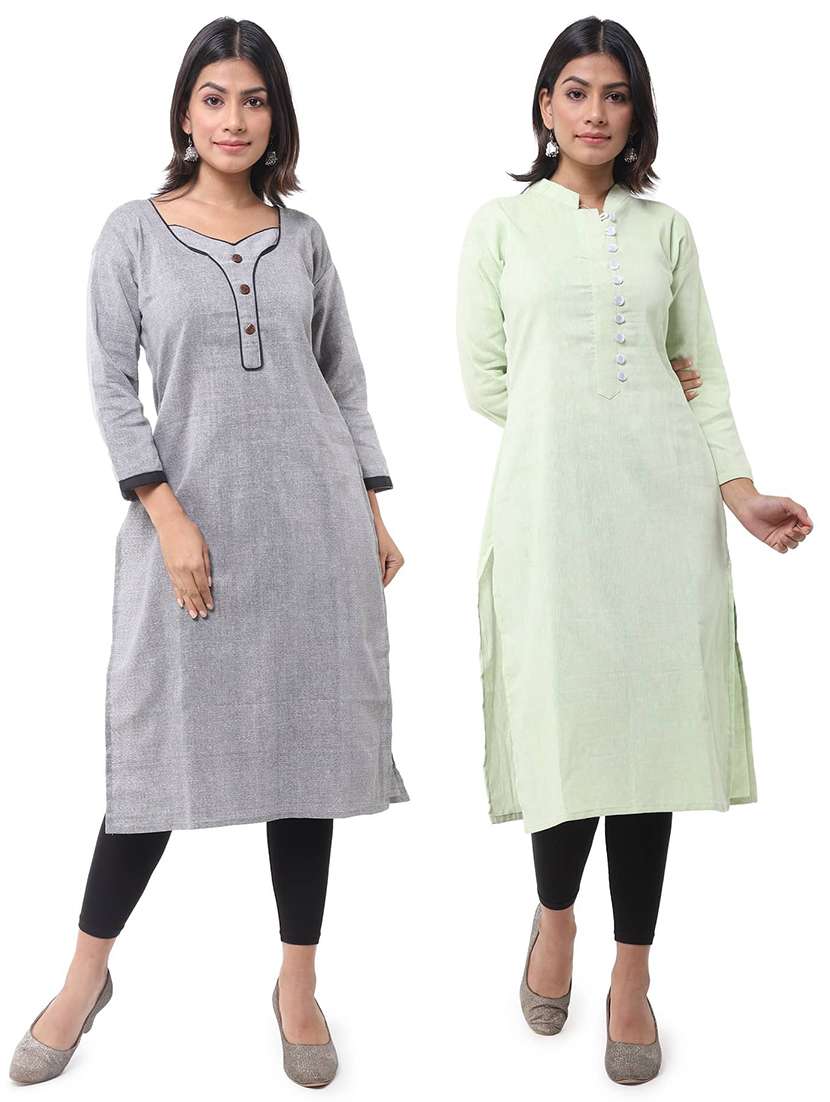women pack of 2 solid three quarter sleeves straight kurta