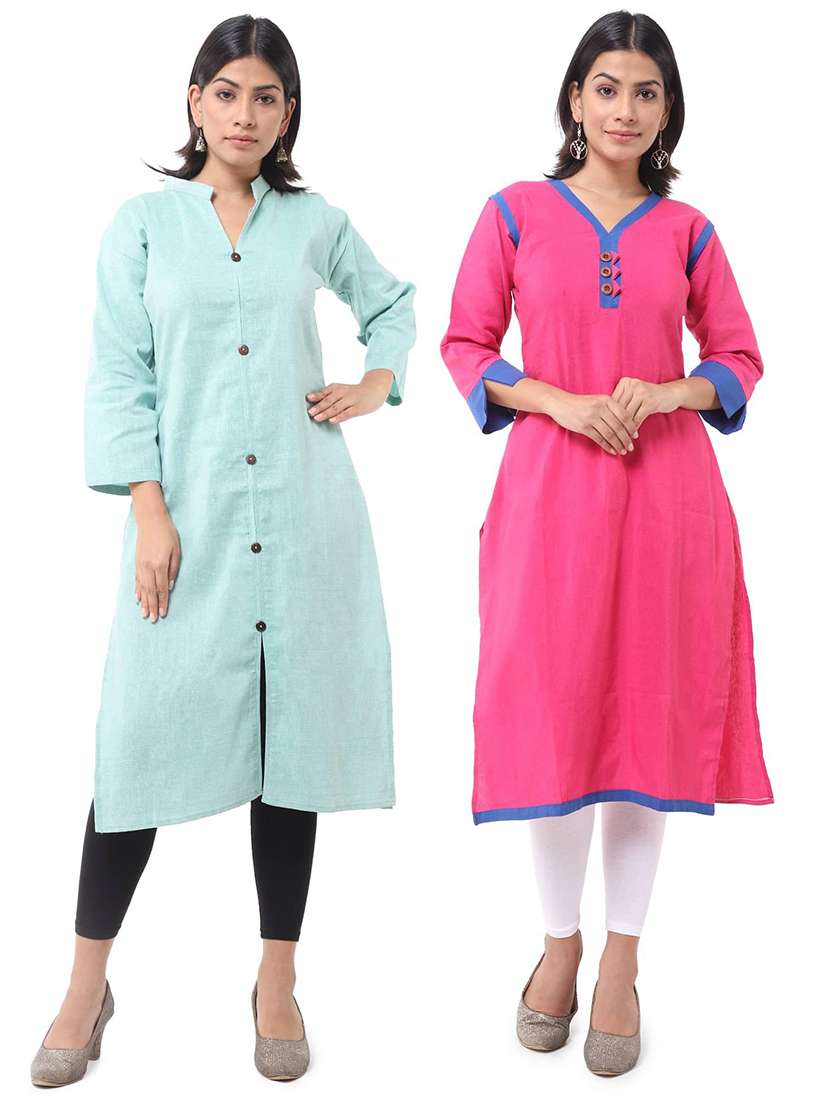 women pack of 2 solid three quarter sleeves straight kurta