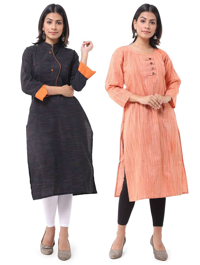women pack of 2 self design three quarter sleeves straight kurta