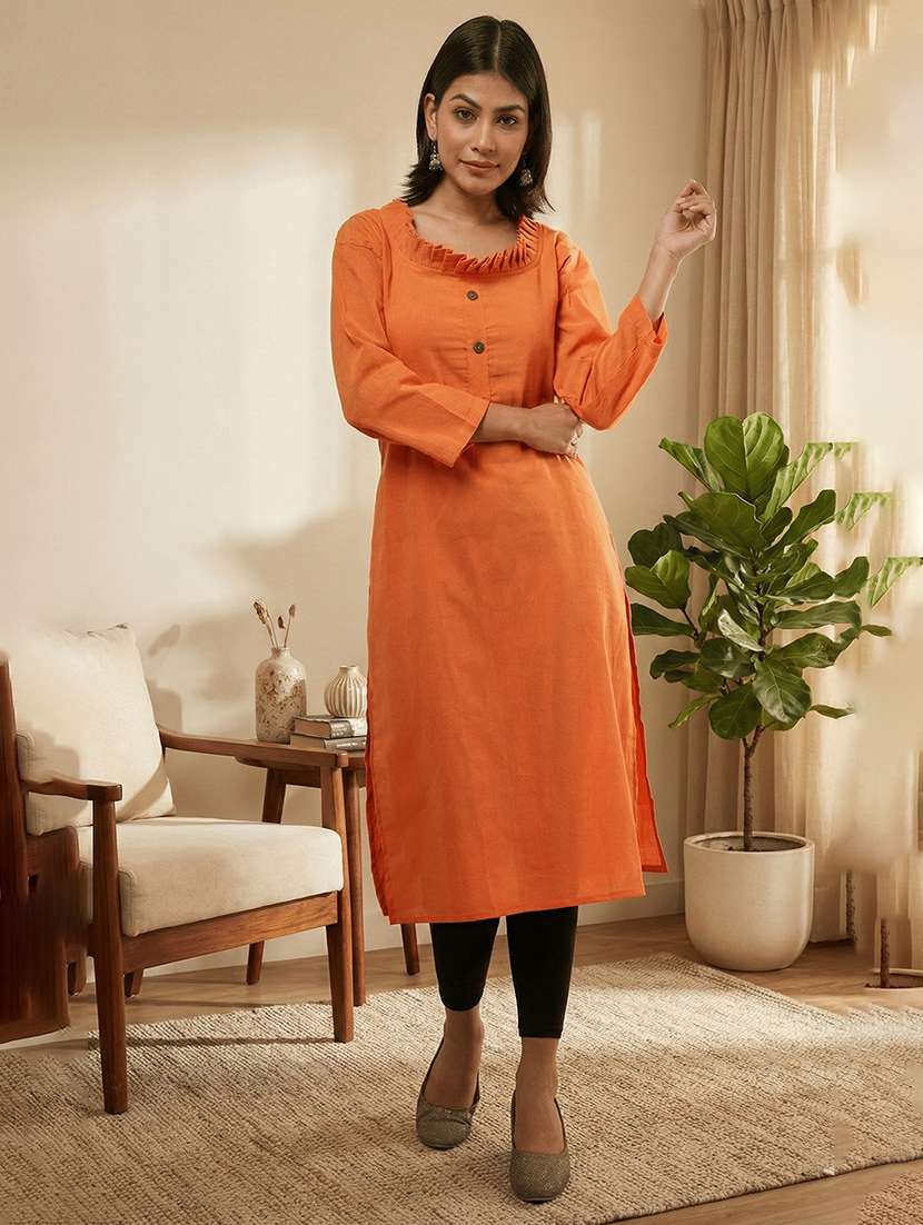 women solid three quarter sleeve straight kurta