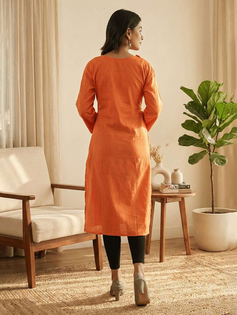 women solid three quarter sleeve straight kurta - 22588957 -  Standard Image - 3