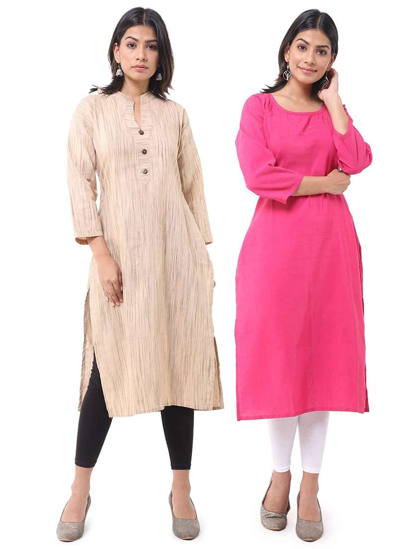 women pack of 2 solid three quarter sleeves straight kurta