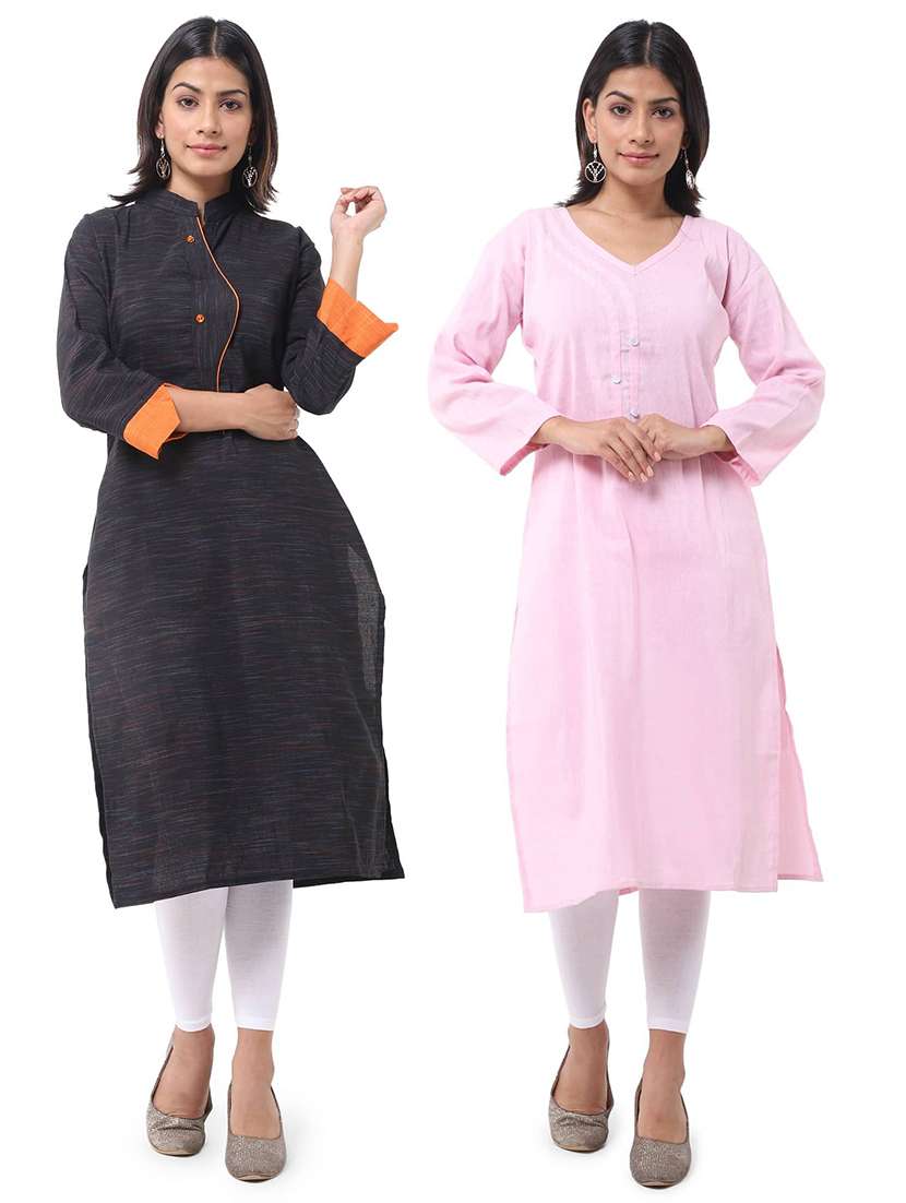 women pack of 2 solid three quarter sleeves straight kurta