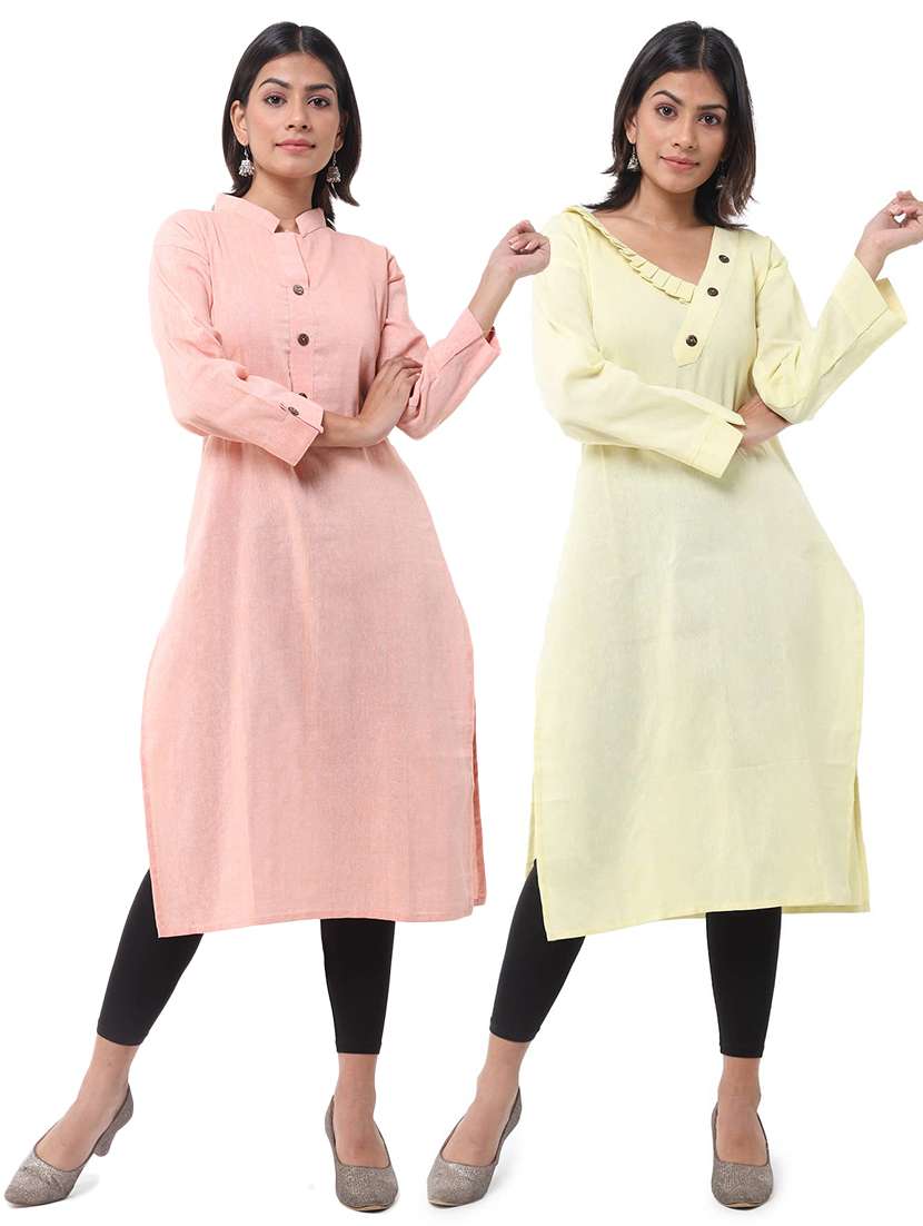 women pack of 2 solid three quarter sleeves straight kurta