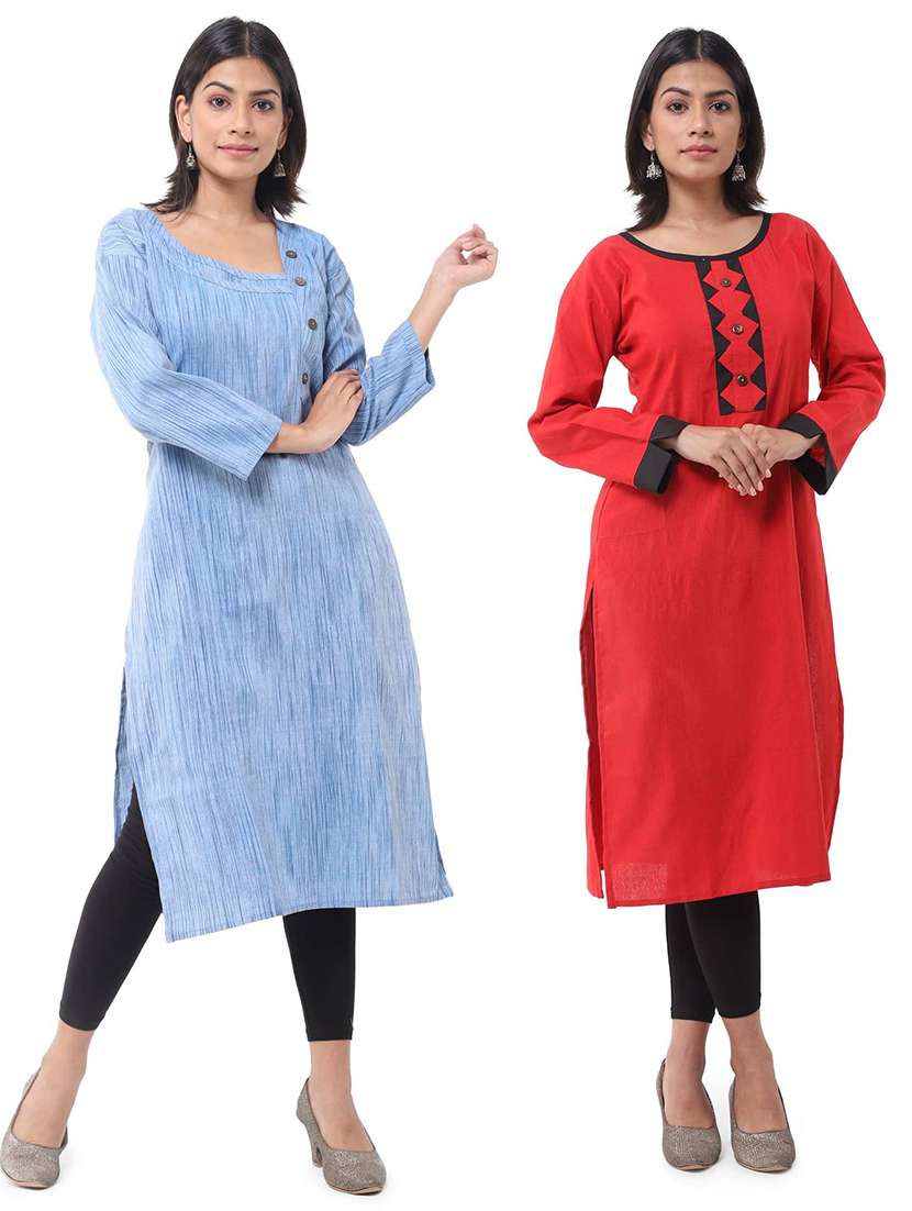 women pack of 2 solid three quarter sleeves straight kurta