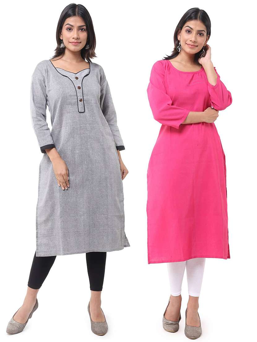 women pack of 2 solid three quarter sleeves straight kurta