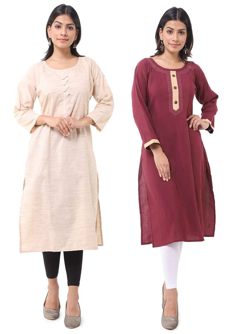 women pack of 2 solid three quarter sleeves straight kurta