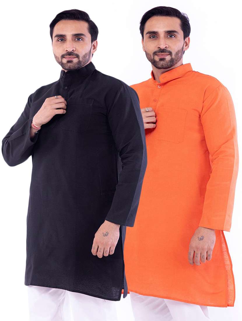 men pack of 2 solid mandarin neck kurta