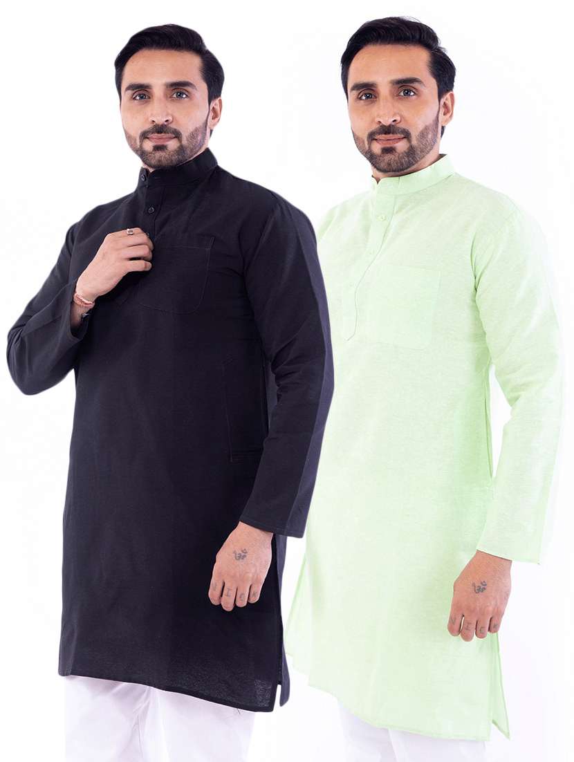 men pack of 2 solid mandarin neck kurta