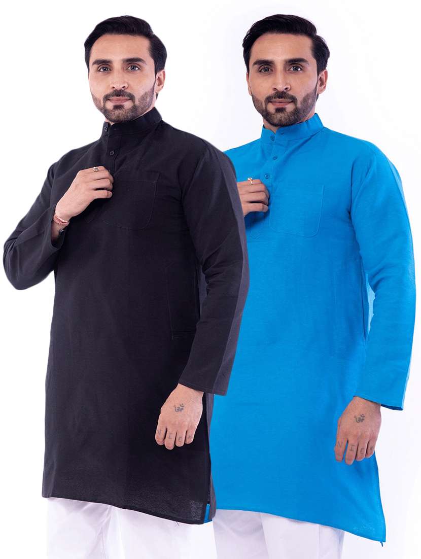 men pack of 2 solid mandarin neck kurta