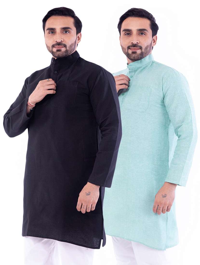 men pack of 2 solid mandarin neck kurta