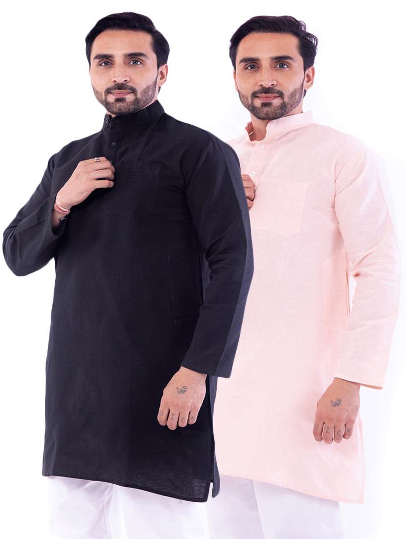 men pack of 2 solid mandarin neck kurta